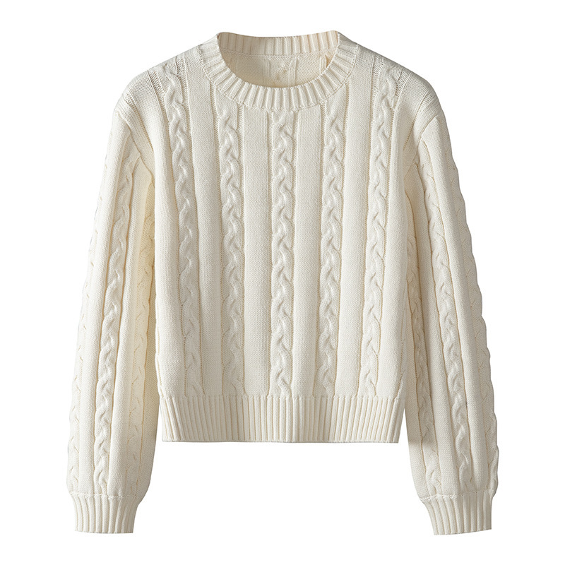 100 Pure Cotton Women's Round Neck Knitted Sweater Long Sleeve Thick Needle Twist Thickened White Sweater Loose and Loose 100 Pure Cotton Women's Round Neck Knitted Sweater Long Sleeve Thick Needle Twist Thickened White Sweater Loose and Loose