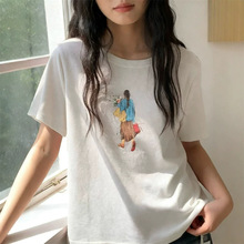 2026年夏原单品质棉麻卡通风印花短袖T恤女宽松显瘦白色上衣韩版