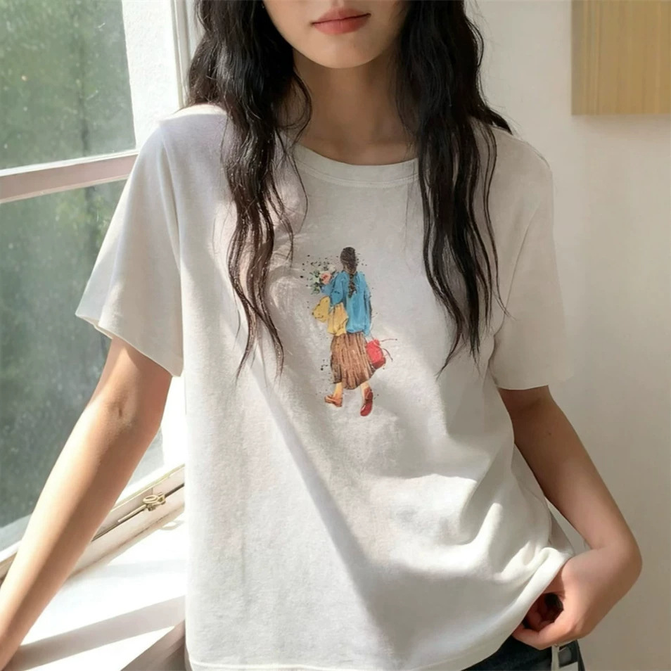2026年夏原单品质棉麻卡通风印花短袖T恤女宽松显瘦白色上衣韩版