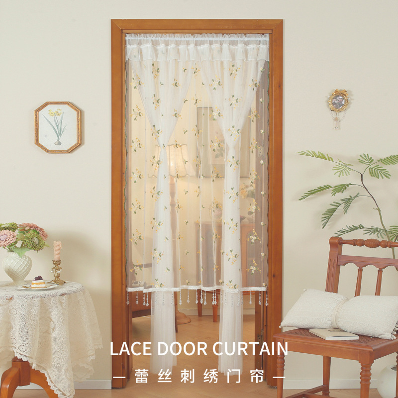 French-Style Romantic Double-Layer Lace with Winter Jasmine Pattern, Hand-Embroidered Partition Curtain with Crystal Beads, No-Drill Bedroom Door Curtain French-Style Romantic Double-Layer Lace with Winter Jasmine Pattern, Hand-Embroidered Partition Curtain with Crystal Beads, No-Drill Bedroom Door Curtain