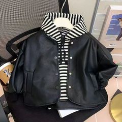 儿童春秋外套皮衣两件套2025新款男女宝宝连帽卫衣韩版时尚PU夹克