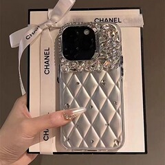 高級感のある小香風デザインのiPhone16promax用スマホケース、iPhone14、ネットセレブ愛用、13、キラキラ輝くダイヤモンド、12、ラグジュアリー