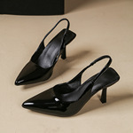 性感尖头纯色细跟凉鞋女2025夏新款包头后托带亮面百搭时尚高跟鞋