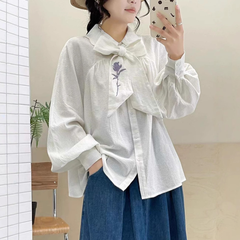 Academy Style Sweet Embroidered Flower Bow Tie Long-sleeved Solid Color Shirt Women's Loose All-match Top Shirt