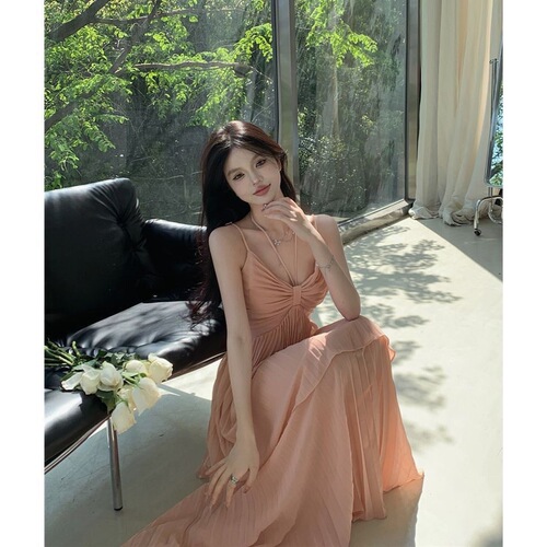 Seaside vacation style sweet and spicy fake two-piece design suspender dress summer new style fairy style French pure desire long dress