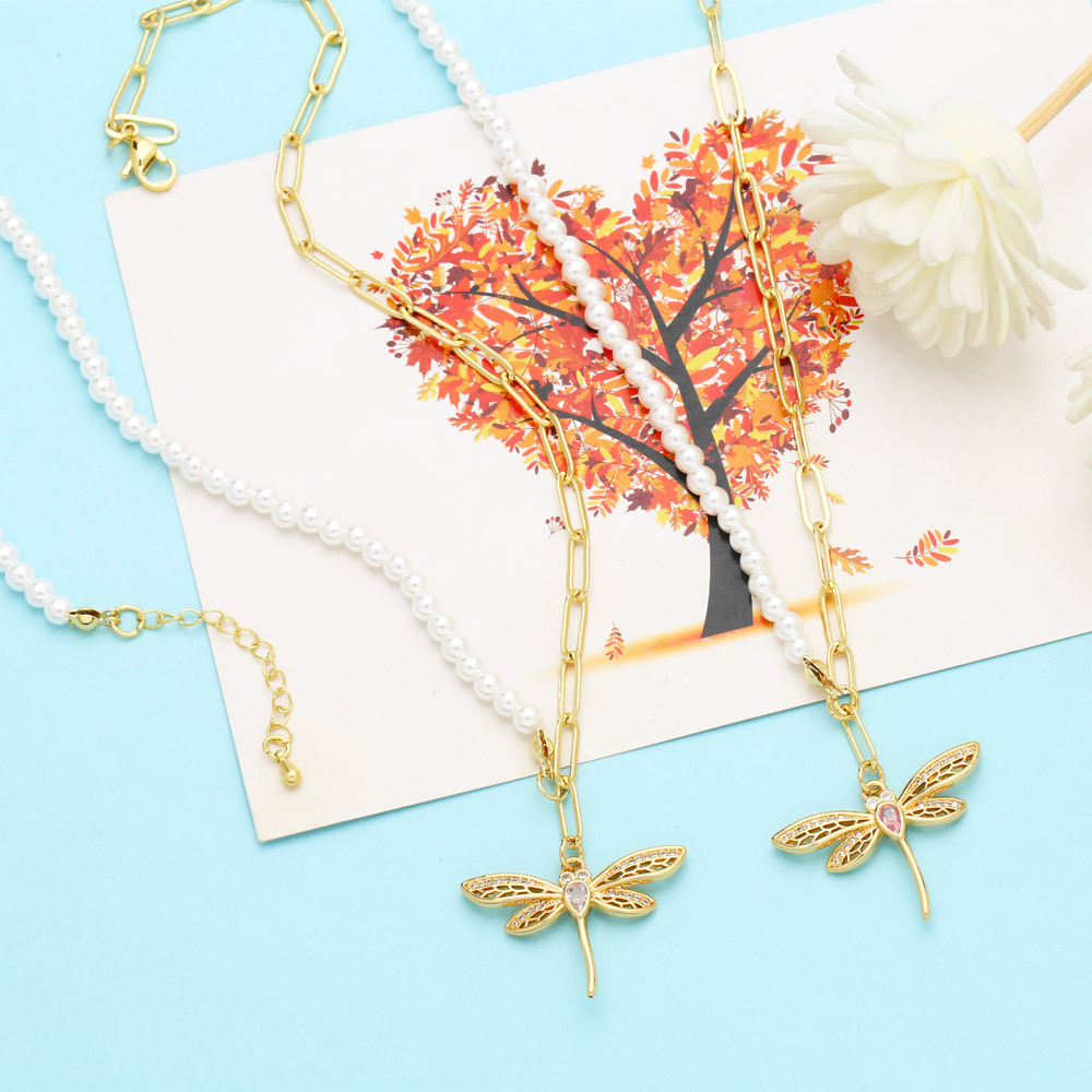 Fashion Dragonfly Copper Pendant Necklace Pearl Plating Inlay Zircon Copper Necklaces