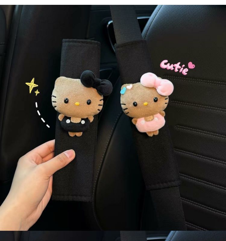 Black Leather Mini Hello Kitty Seatbelt Shoulder Pads, Cute Car Interior Accessories, New Car Gift