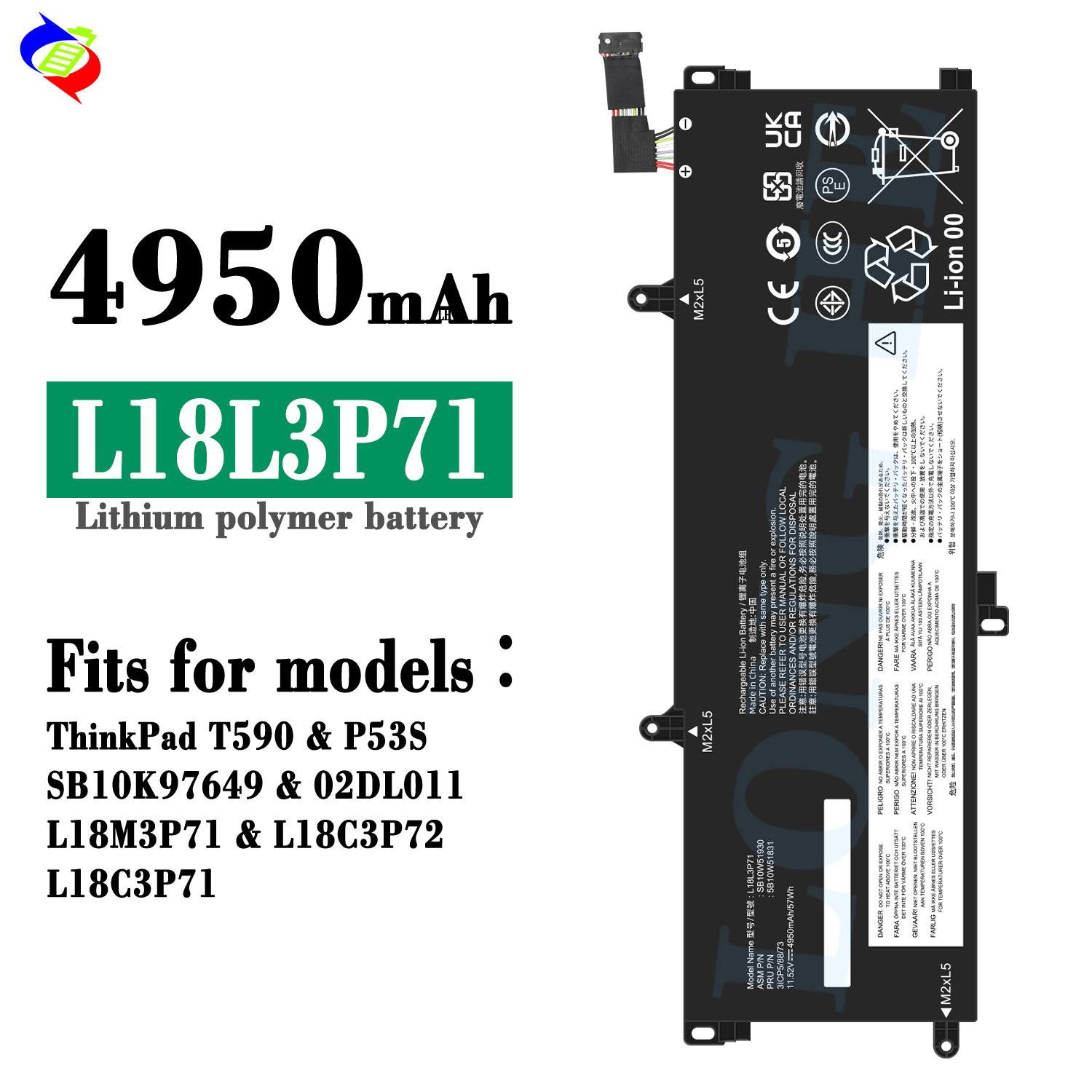 适用联想ThinkPad T590/P53S/SB10K97649耐用笔记本电池L18L3P71