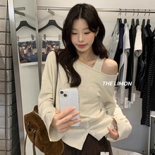 THE LIMON柠檬绿茶韩系休闲条纹露肩T恤女2025秋季斜肩显瘦上衣