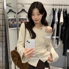 THE LIMON柠檬绿茶韩系休闲条纹露肩T恤女2025秋季斜肩显瘦上衣