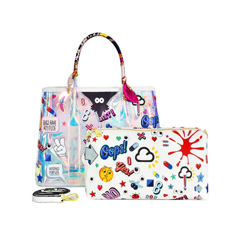 Personalidad de moda gran bolsa impresa jalea transparente Madre y niño bolsa TPU crossbody 2024 Nuevo 2549 #