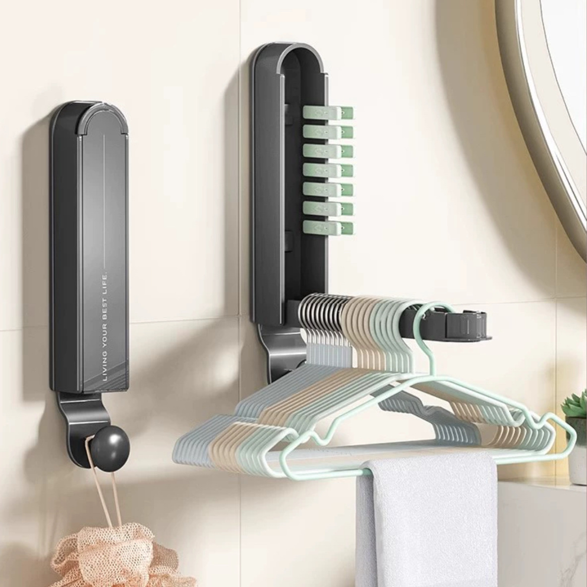 옷걸이 스토리지 랙 펀치없는 가정용 벽 매달려 프레 팅 랙 발코니 클립 다기능 텔레스코픽 랙 스토리지 랙
