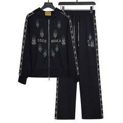 COCO MOKA新款时尚休闲套装女士黑色烫钻拉链连帽长袖外套两件套