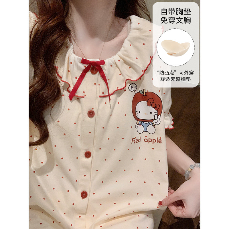 French-Style Pajamas with Built-In Breast Pads for Women, Short-Sleeved Shorts, Doll Collar, Bow Tie, Korean-Style Women's Home Wear Set for Outerwear
