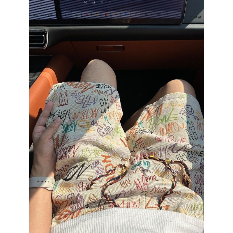 Letter print Hawaiian shorts, sports pants, straight loose fit, 1-DK2615-P 24m white Letter print Hawaiian shorts, sports pants, straight loose fit, 1-DK2615-P 24m white