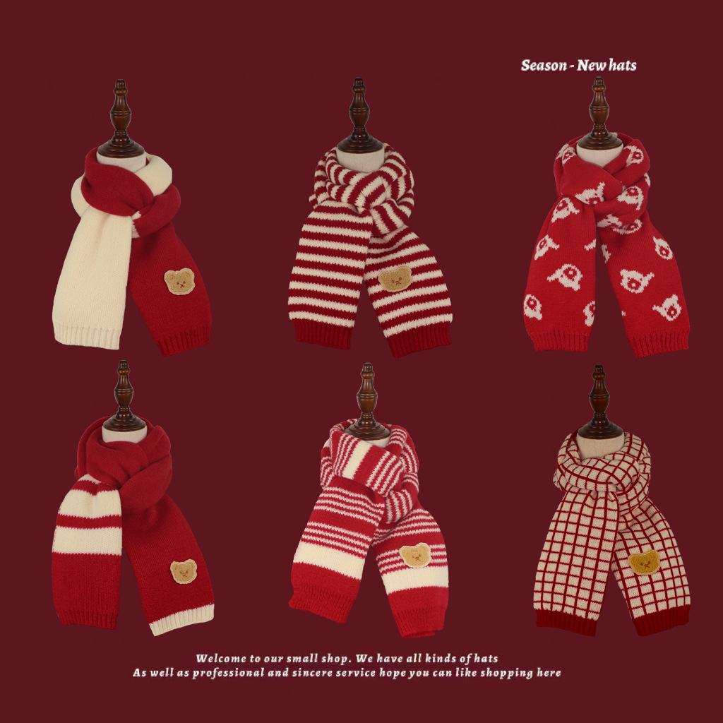秋冬季新年红韩系针织毛线围巾保暖男女红色围巾儿童针织围脖批发