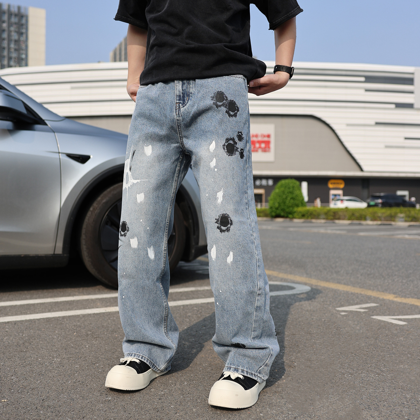 Men's Clothing Men's Straight Leg Jeans Graffiti Splatter Paint Design Comfortable Fit Denim Pants Trendy Clothing_voghion.com