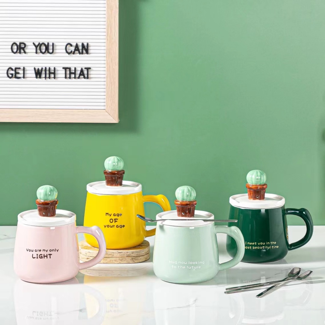 Creativo simple 3D tridimensional planta verde en maceta Taza de cerámica esmalte de color taza de café personalizada taza de bebida de la Oficina