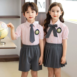 加工定制儿童短袖条纹衬衫套装夏季小学生校服班服幼儿园园服毕业
