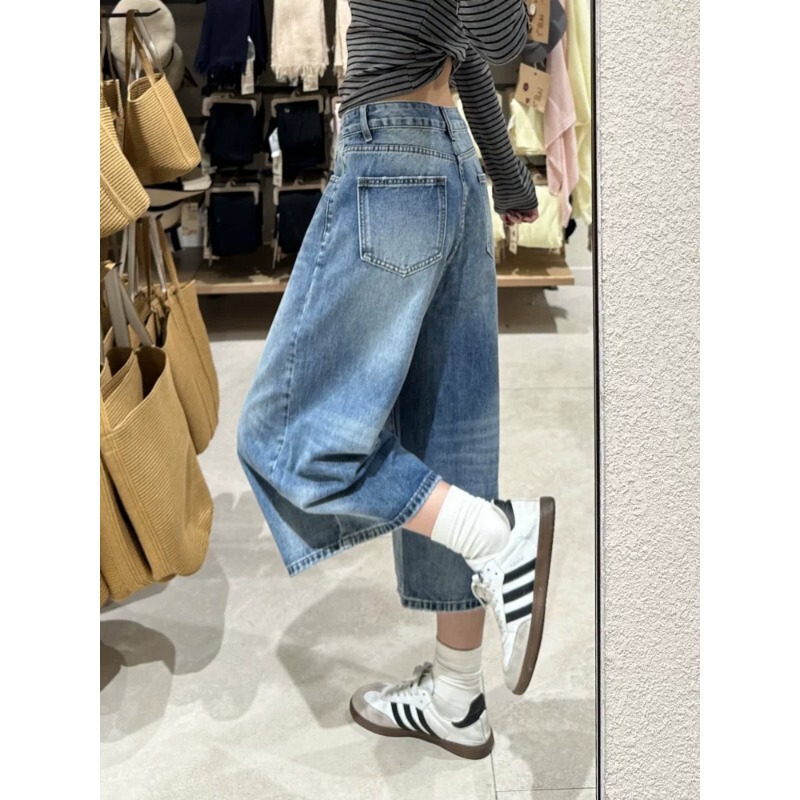 American Retro Wide-Leg Denim Cropped Pants for Women, Summer New Style, Plus-Size Loose Fit, Slimming Shorts, Straight Mid-Length Pants