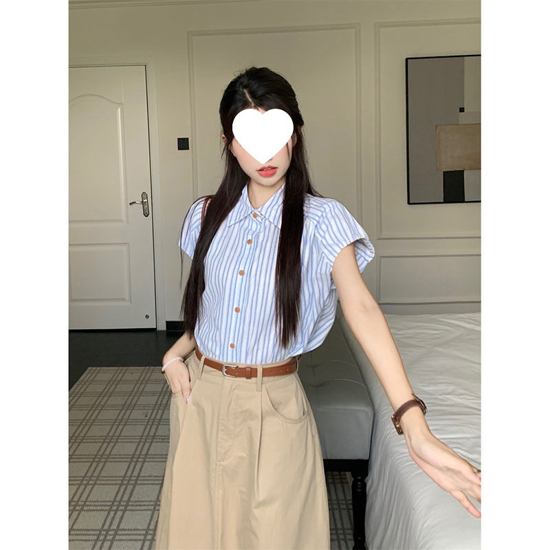 条纹领2025新款学院袖衬衫套装夏季女高腰开叉显瘦半身长裙|undefined