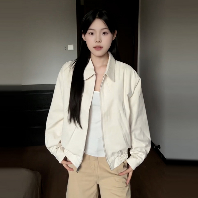 韩系米白色翻领外套女早秋季2025新款简约设计感气质短款夹克上衣|undefined