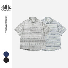 BSAPA日系复古民族风条纹宽松百搭翻领短袖工装衬衫男衬衣CS3065