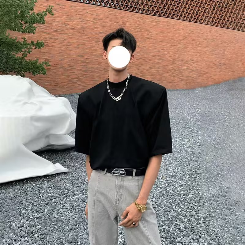 Black Shoulder Pad T-shirt Men's Summer American Style Small Neck Heavy Short-sleeved Trendy Brand Suit Inner Base Shirt High-grade Sense