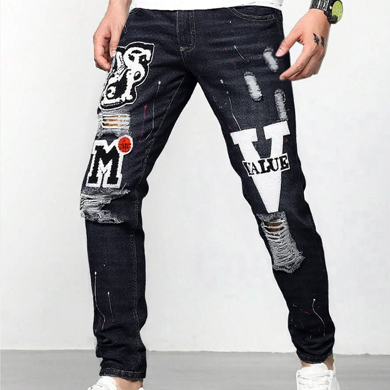 Autumn New Trendy Men's Jeans with Printed Slim Fit Stretchy Tapered Mid-Rise Pants for Cross-Border Dropshipping on Aliexpress