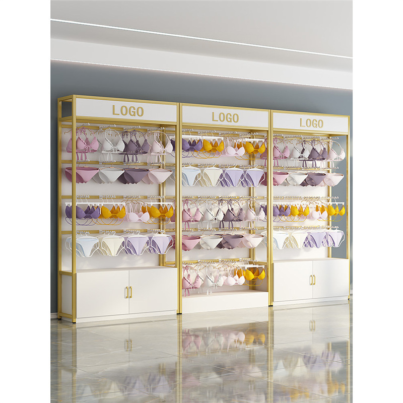 Lingerie Store Shelves, Bra and Underwear Display Racks, Wall-Mounted Sock Display Cabinets, Clothing Store Gold-Colored Storage Racks with Hooks Lingerie Store Shelves, Bra and Underwear Display Racks, Wall-Mounted Sock Display Cabinets, Clothing Store Gold-Colored Storage Racks with Hooks