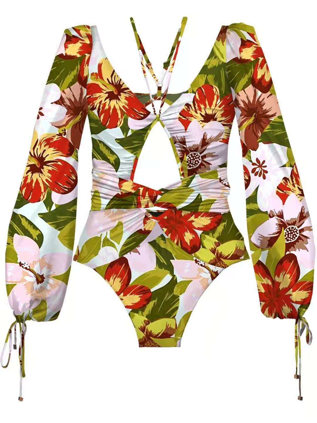 192g Weight Long Sleeve Sleeve Length Nylon, Polyester Fabric Type Regular Top Length Bodysuit Tops Type Swimming Occasion Deep V Neckline Skinny Fit Type Printing Pattern Women's Gender Hollow Out Design Sexy Style Women's Sexy Printing Hollow Out One Piece Swimwear 16