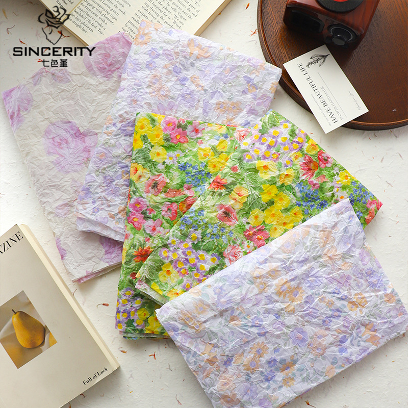 Papel de pera de siete colores, color de aceite, floral 38g, papel de fondo grueso, papel de revestimiento interior, papel amasado a mano, ramo de papel de regalo de flores