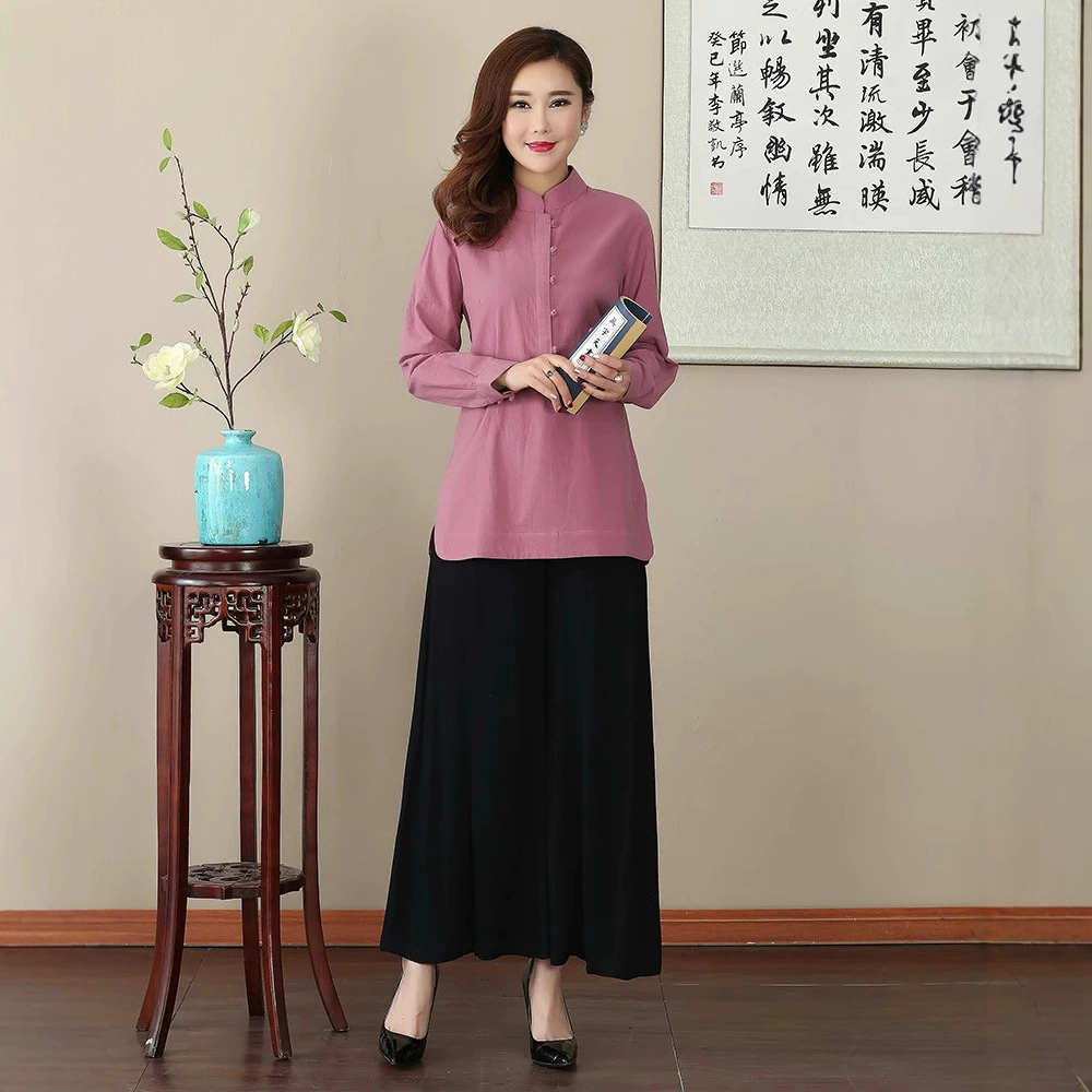 Новый весенне-осенний чистый цвет 2704-2 Женский хлопок и лен в китайском стиле с длинным рукавом Тан костюм одежда для матери ханьфу
