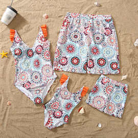 2021新款跨境外贸欧美亲子泳衣吊带比基尼母女连体泳衣男士沙滩裤