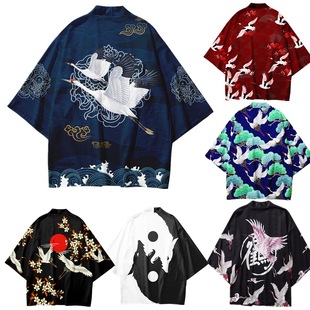 Chinese Retro Crane Kimono Cloak 3D Digital Color Printing Cardigan Robe Kimono Feather Woven Adult Children Bathrobe