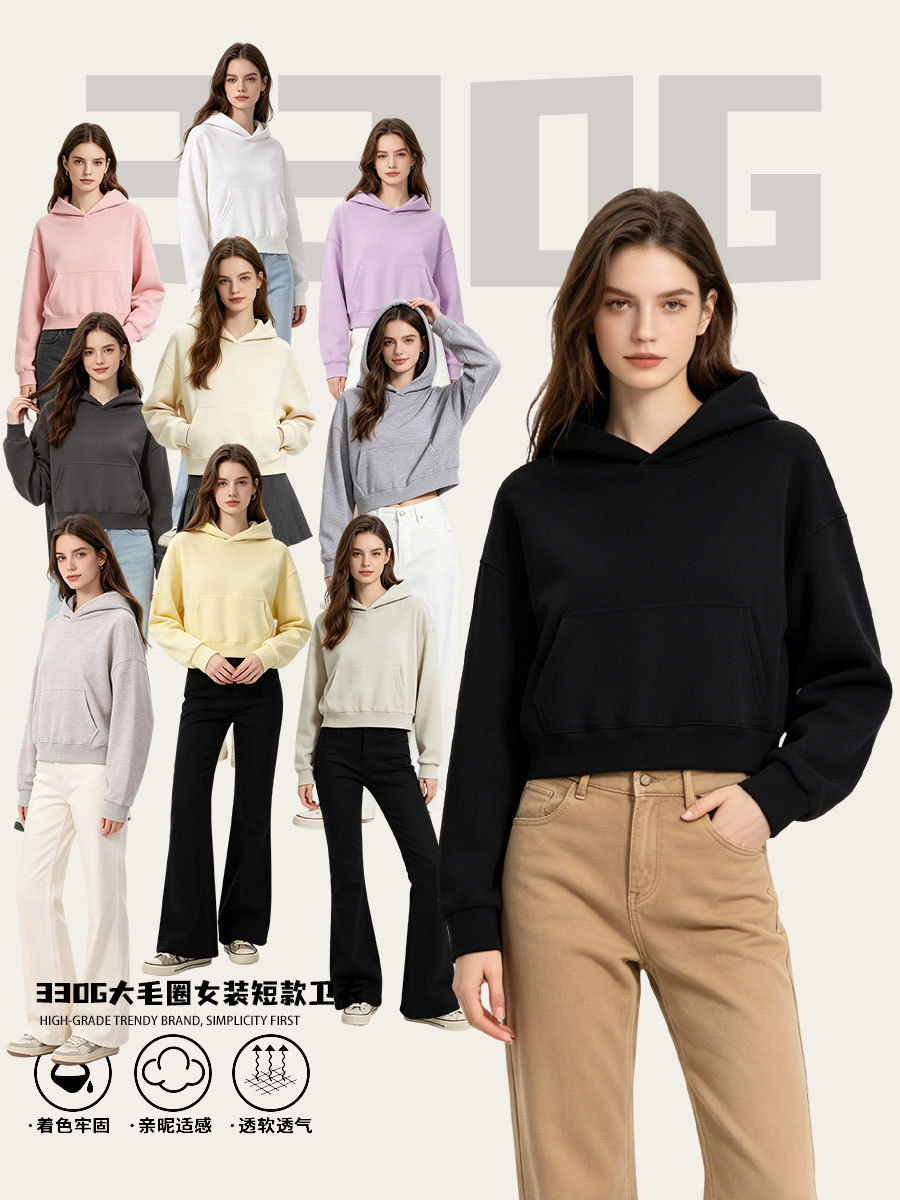 330G pesado gran lazo sólido con cremallera de cuello alto encapuchado camisa corta con sombrero de otoño y invierno de cuello redondo de moda suéter de mujer