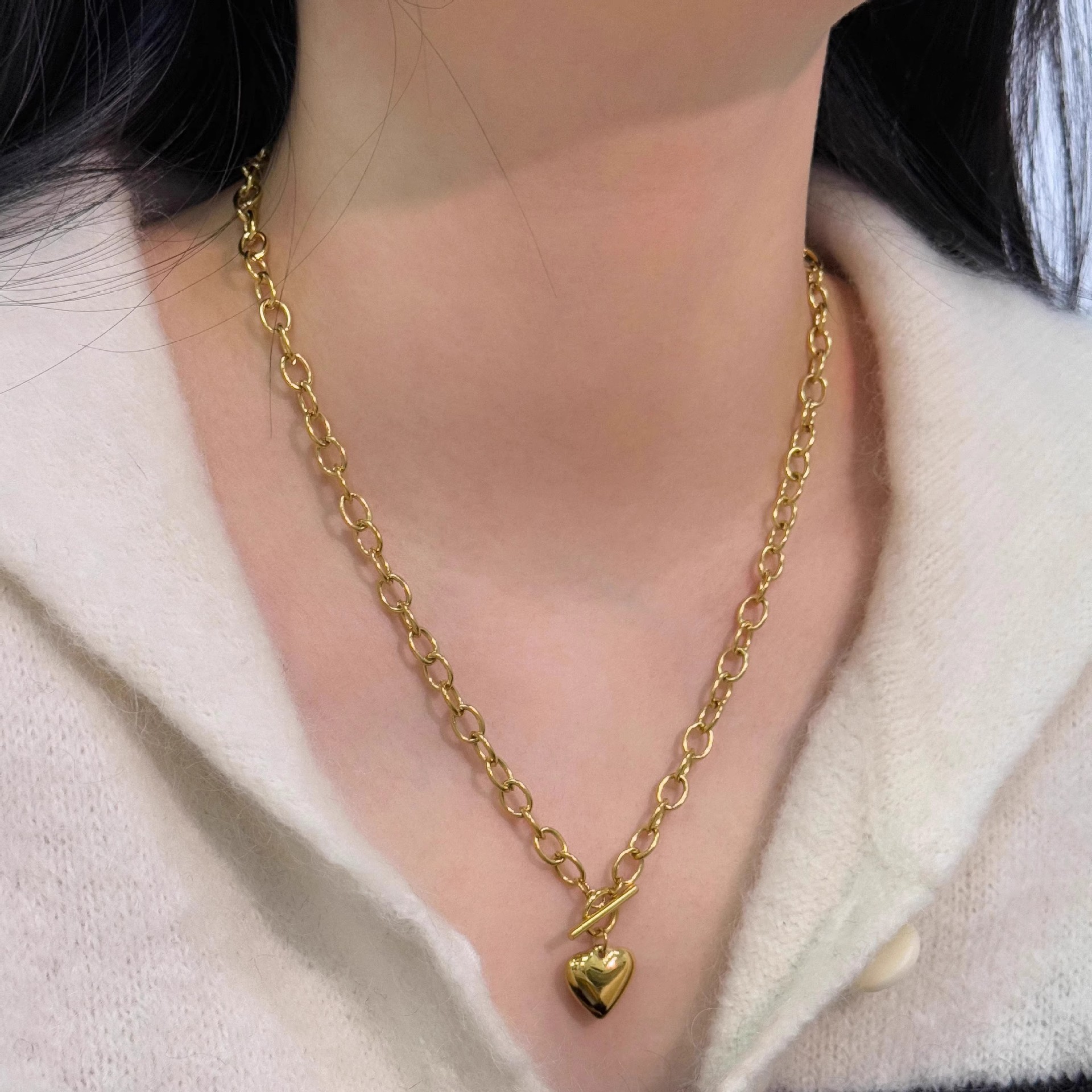 Smooth Heart Pendant Necklace With Ot Clasp In Stainless Steel_voghion.com