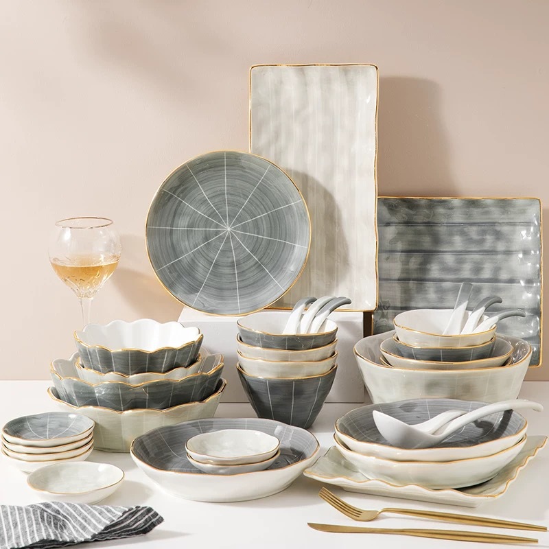 Tazón y plato traje nórdico borde dorado luz lujo vajilla de cerámica hogar moderno simple plato palillos gran tazón sopa combinación