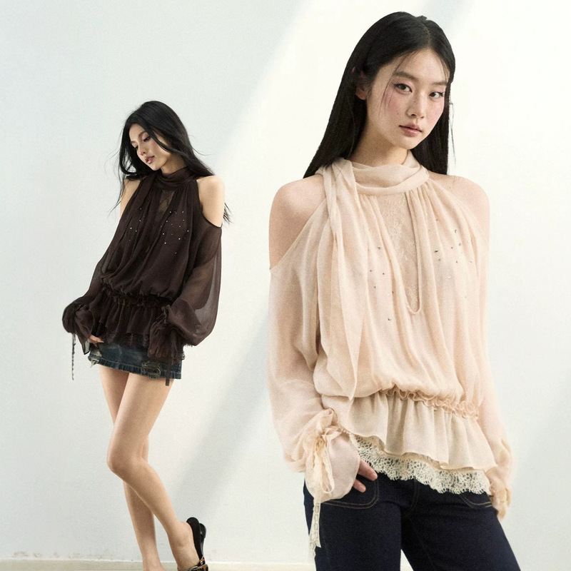 VIAPITTI stylish rhinestone-decorated flowing mesh long-sleeve chiffon blouse for women, spring loose-fitting ribbon top VIAPITTI stylish rhinestone-decorated flowing mesh long-sleeve chiffon blouse for women, spring loose-fitting ribbon top