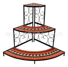 廠家直銷馬賽克鐵藝花架復古扇形三層階梯立式角落花盆架置物架