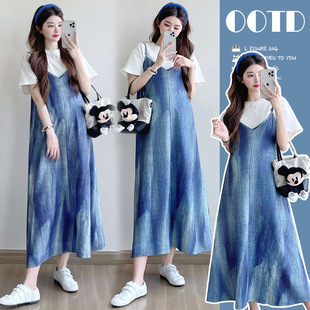 Real Shot in Stock ~ 2025 Maternity Wear Summer New Tie-Dye Suspender Dress + T-Shirt Maternity Short-Sleeved Two-Piece Set