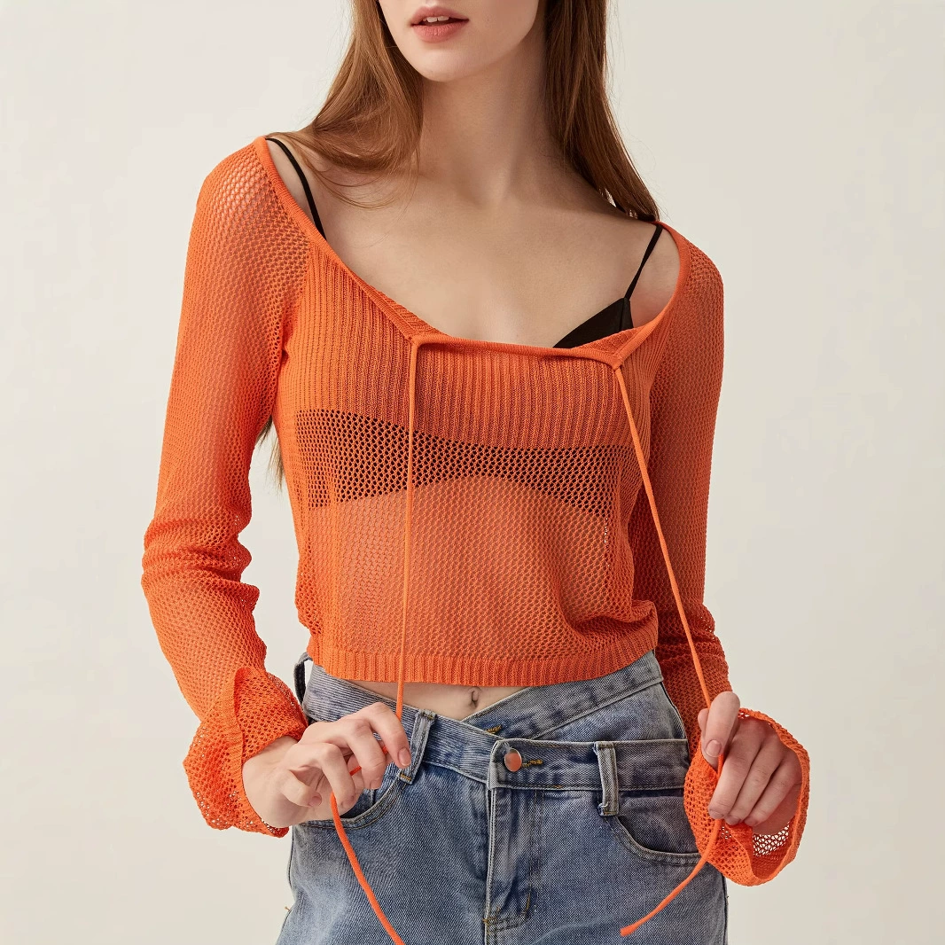 Популярный в Европе и Америке сексуальный короткий полупрозрачный трикотаж с длинными рукавами и защитой от солнца, обработанная и изготовленная на заказ блузка-пуловер TEMU