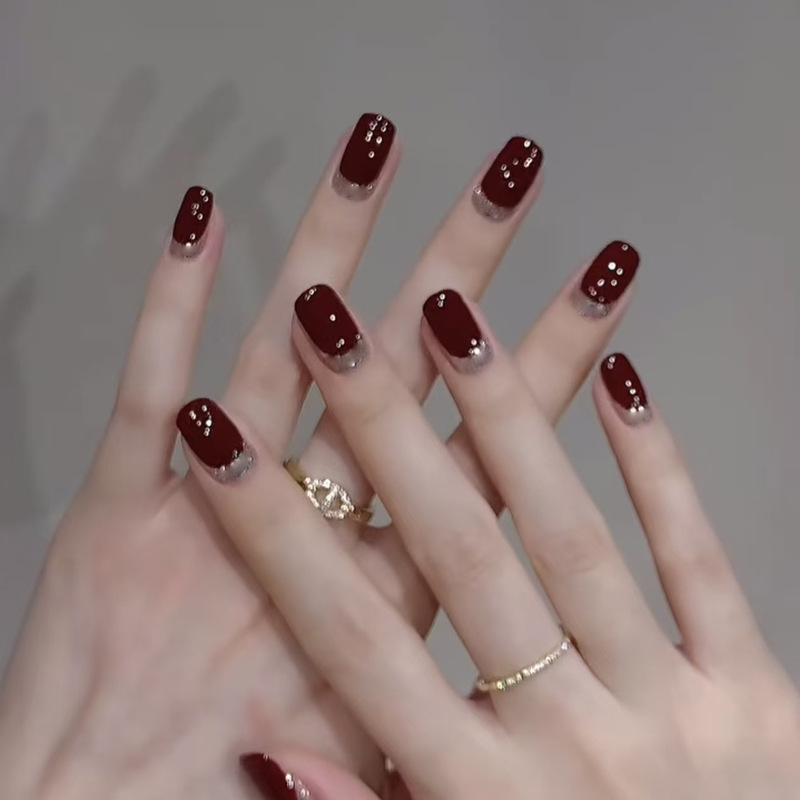Wine Red Gold-Plated New Style Simple and Elegant French-Style Press-On Nails That Enhance Complexion, Short Nail Tips 3093