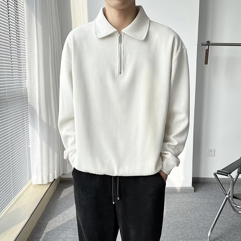 Otoño nuevo estilo semi-cremallera polo para hombre retro suelto diseño casual sentido de nicho top suéter de color sólido
