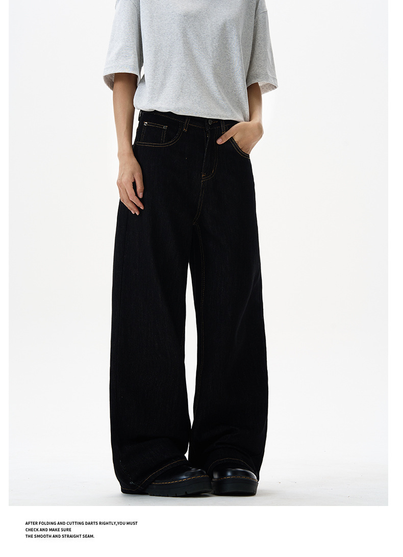 Men's American Vintage Straight Leg Jeans Classic Deep Blue And Black Denim Pants for Relaxed Fit_viptrois.com