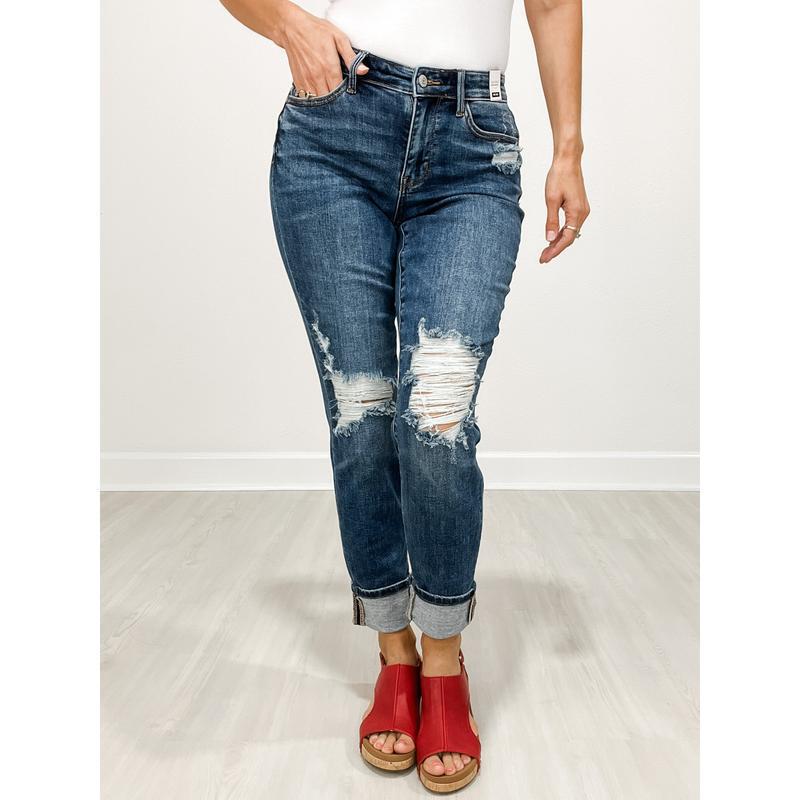 2025 New Cross-Border Dropshipping Mid-Rise Boyfriend Style Embossed Cuff Jeans Cross-Border Dropshipping