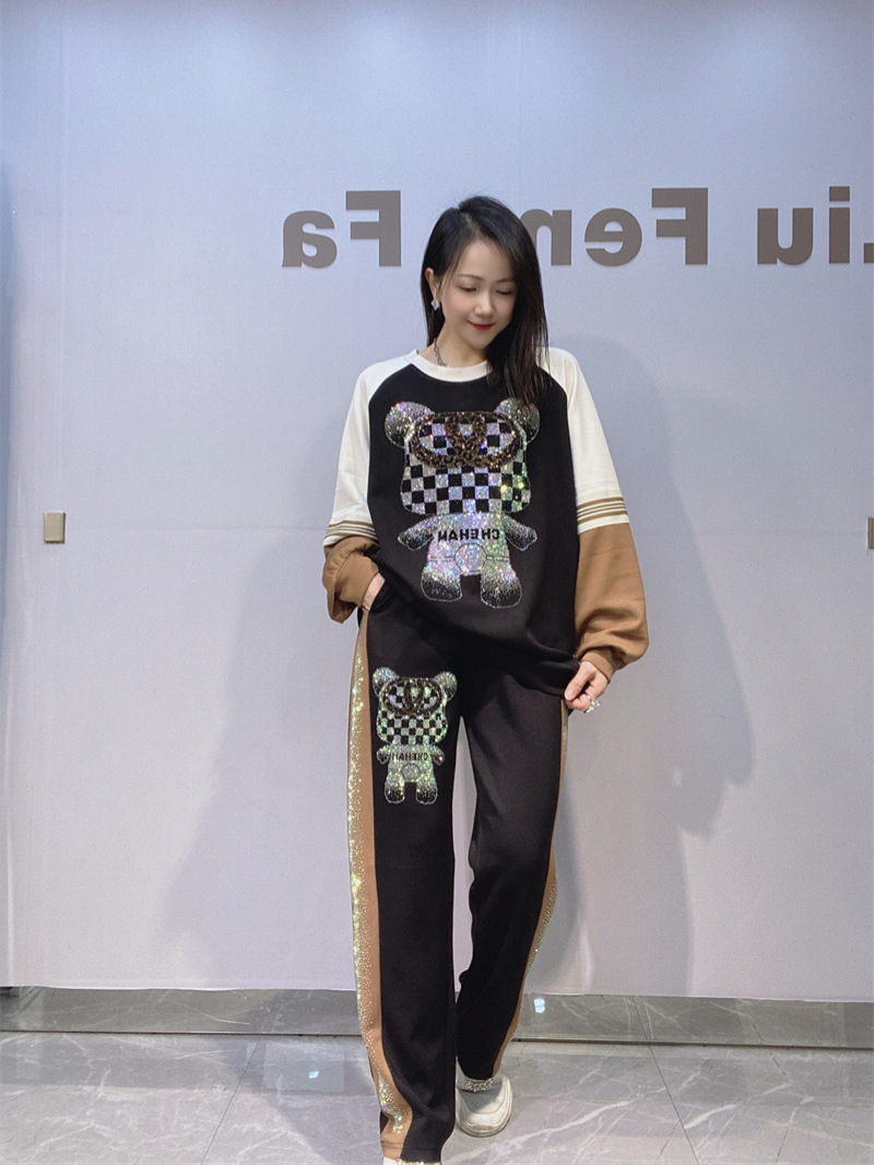 Comercio exterior transfronterizo ropa de mujer color contraste de tamaño grande conjunto de diamantes de primavera y otoño mujeres cuello redondo camisa de manga larga con pantalones largos dos piezas conjunto