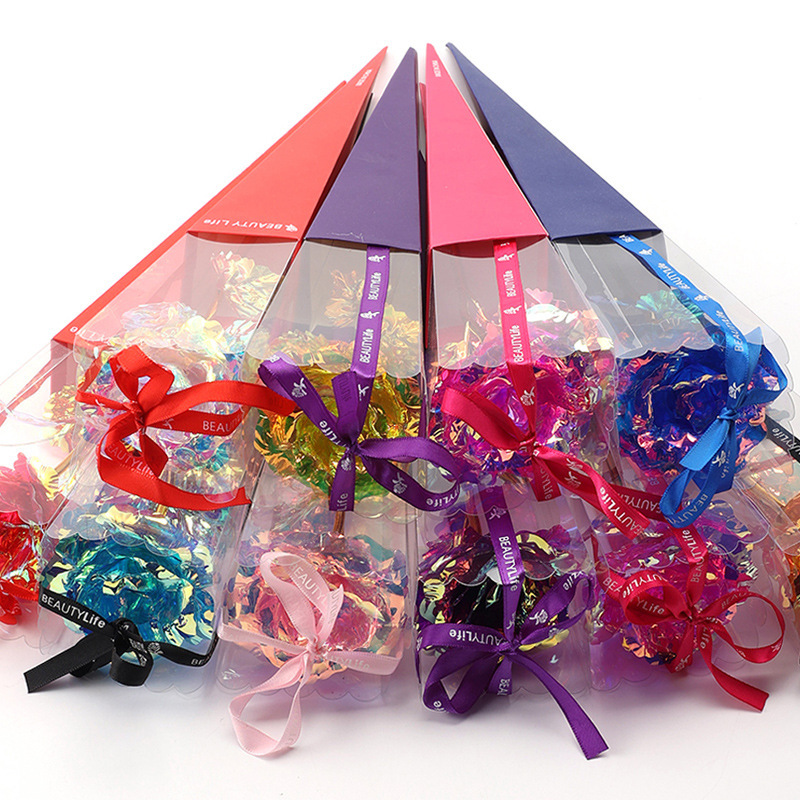 Pointed Bucket Triangular Box Single Torch Box Gold Foil Flower 520 Chinese Valentine's Day Teacher's Day Eternal Flower Art Bouquet