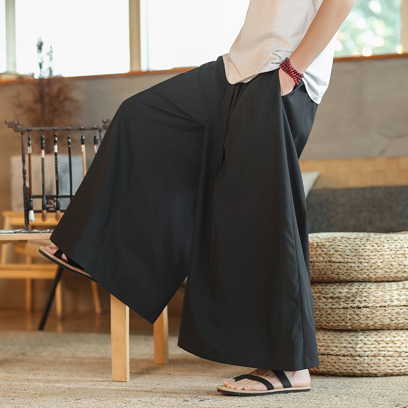 Culottes Men's Thigh Pants Wide Leg Pants Ice Silk Material Hanfu Pants Chinese Style Tang Suit Meditation Jumpsuit Skirt Cropped Pants