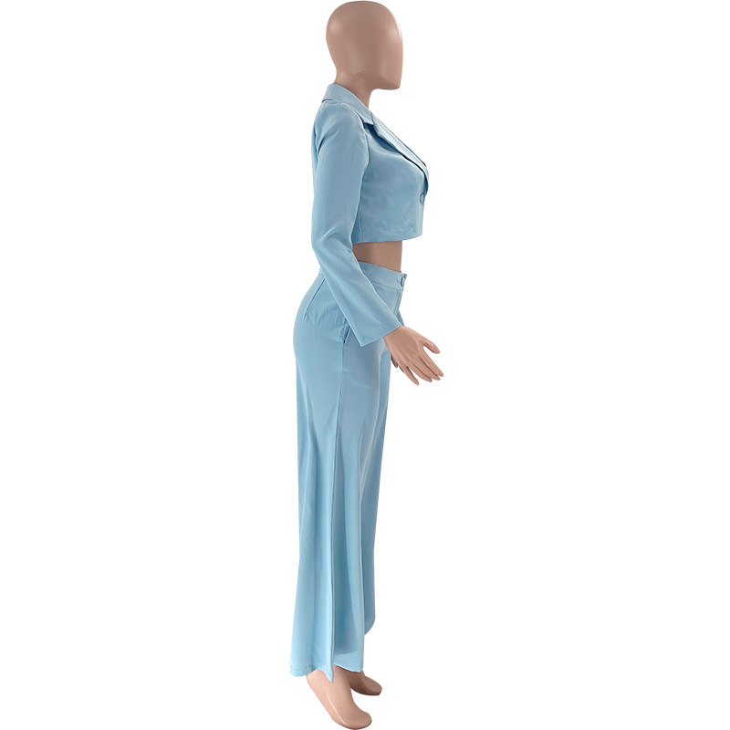 Autumn Winter Solid Color Short Long Sleeve Small Suit High Waist Wide Leg Pants Suit